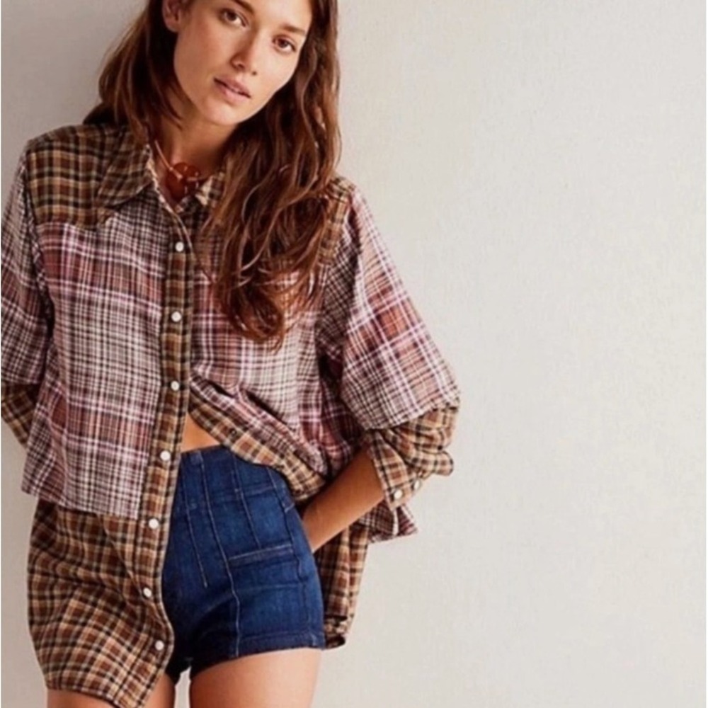 NWT Free People Layer It Up Plaid Top Womens Small Snap Overlay Long Sleeve $168